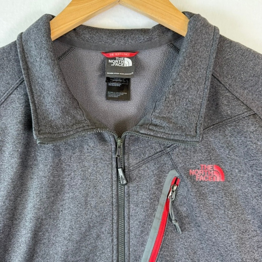The North Face Mens XXL Gray Full Zip Fleece Jacket Red Logo Heathered Midweight